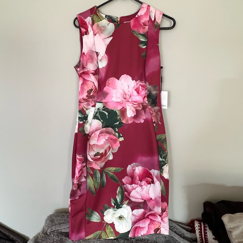 Calvin Klein Women’s Red Pink Rose Midi Sleeveless Dress